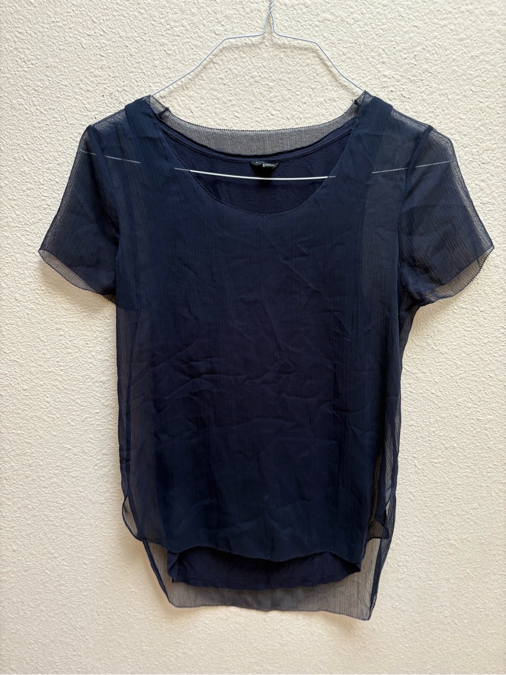Ann Taylor Navy Short Sleeve Sheer Overlay Blouse